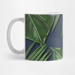 Monstera, Spider Palm, Tropical Leaves Print on Dark Blue Mug